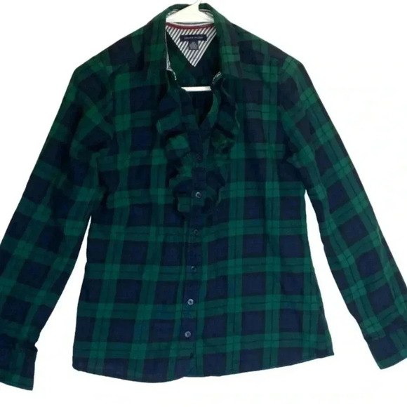 Tommy Hilfiger Women’s TarTan Green Plaid Ruffle Front Slit Neck Blouse … - Picture 3 of 16